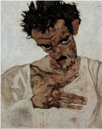 Schilderij: zelfportret met neerhangend hoofd, 1918