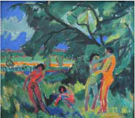 Schilderij: Spielende nackte Menschen van 
Ernst Ludwig Kirchner (Die Brücke)