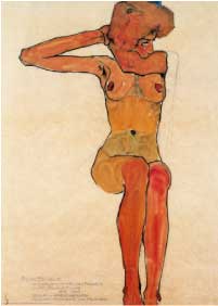 Tekening: zittend vrouwelijk naakt met zijwaarts gestrekte rechterarm, 1910 Aquarel over zwart krijt 